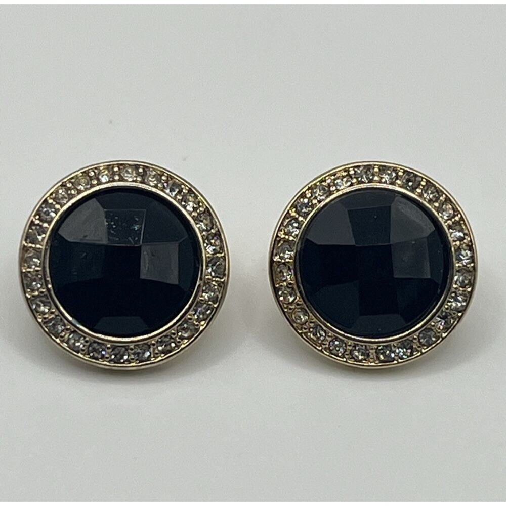 Avon Faux Onyx Faceted Dome Pave Rhinestone Earrings in Gold Tone